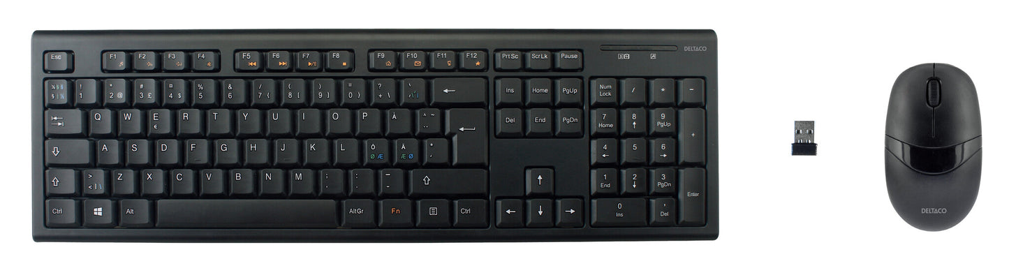 Deltaco Trådlöst tangentbord och mus, USB, 10m, nordisk, svart