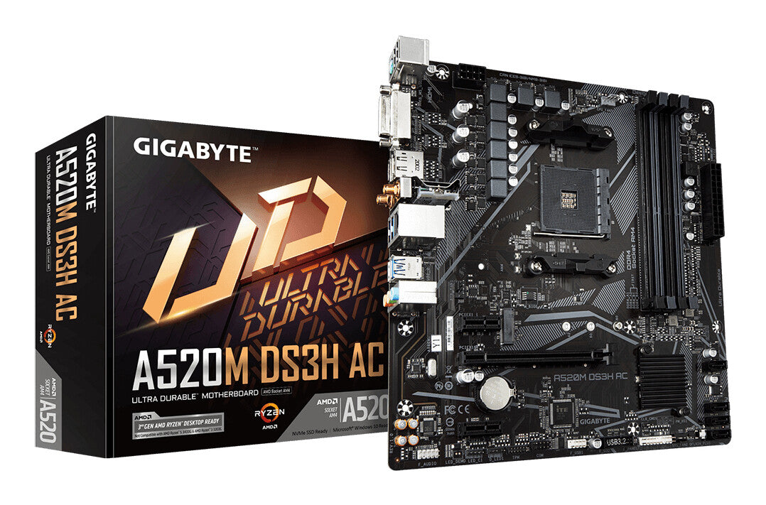 GIGABYTE A520M DS3H AC moderkort AMD A520 Uttag AM4 micro ATX