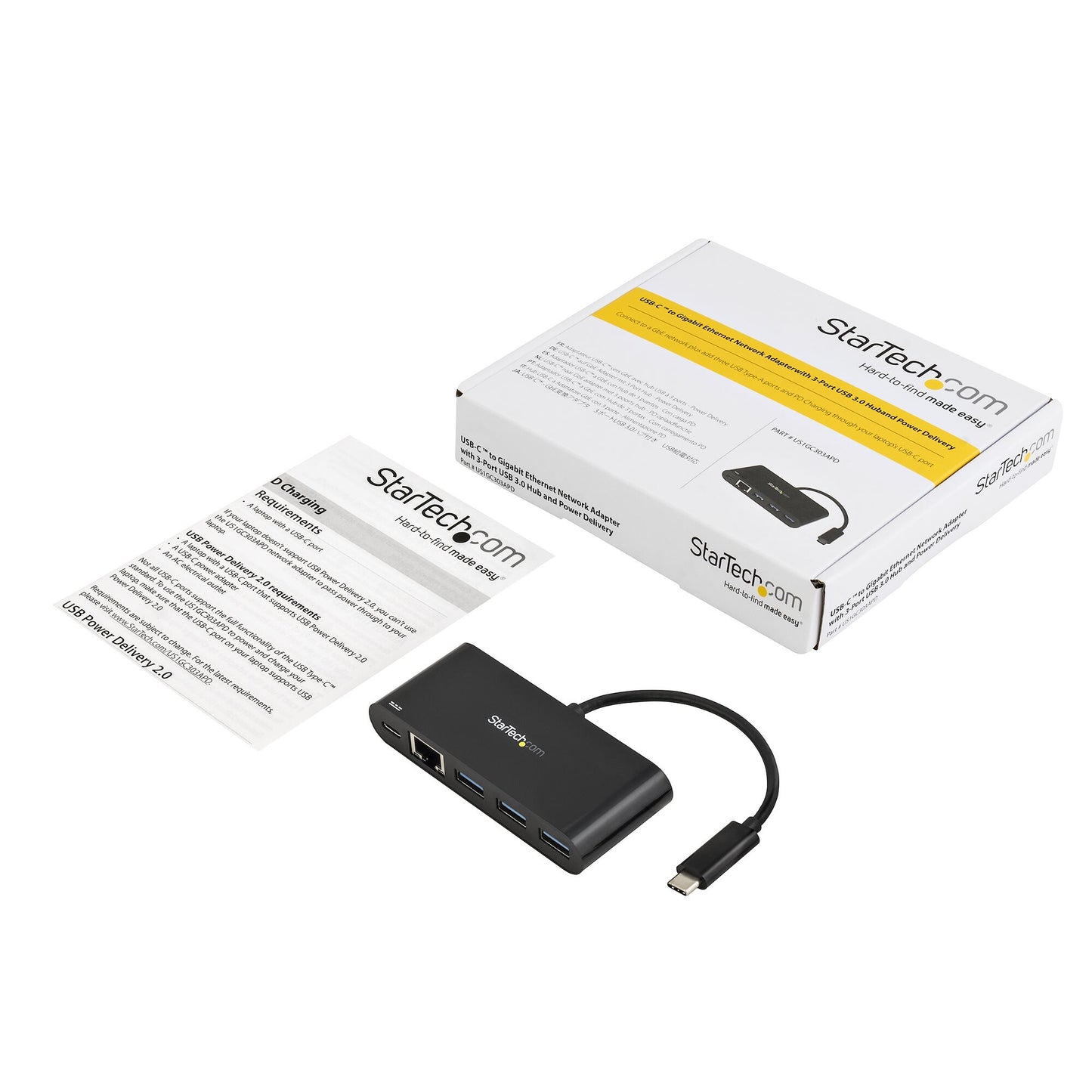 StarTech.com USB-C till Ethernet-adapter med USB 3.0-hubb med 3 portar och Power Delivery