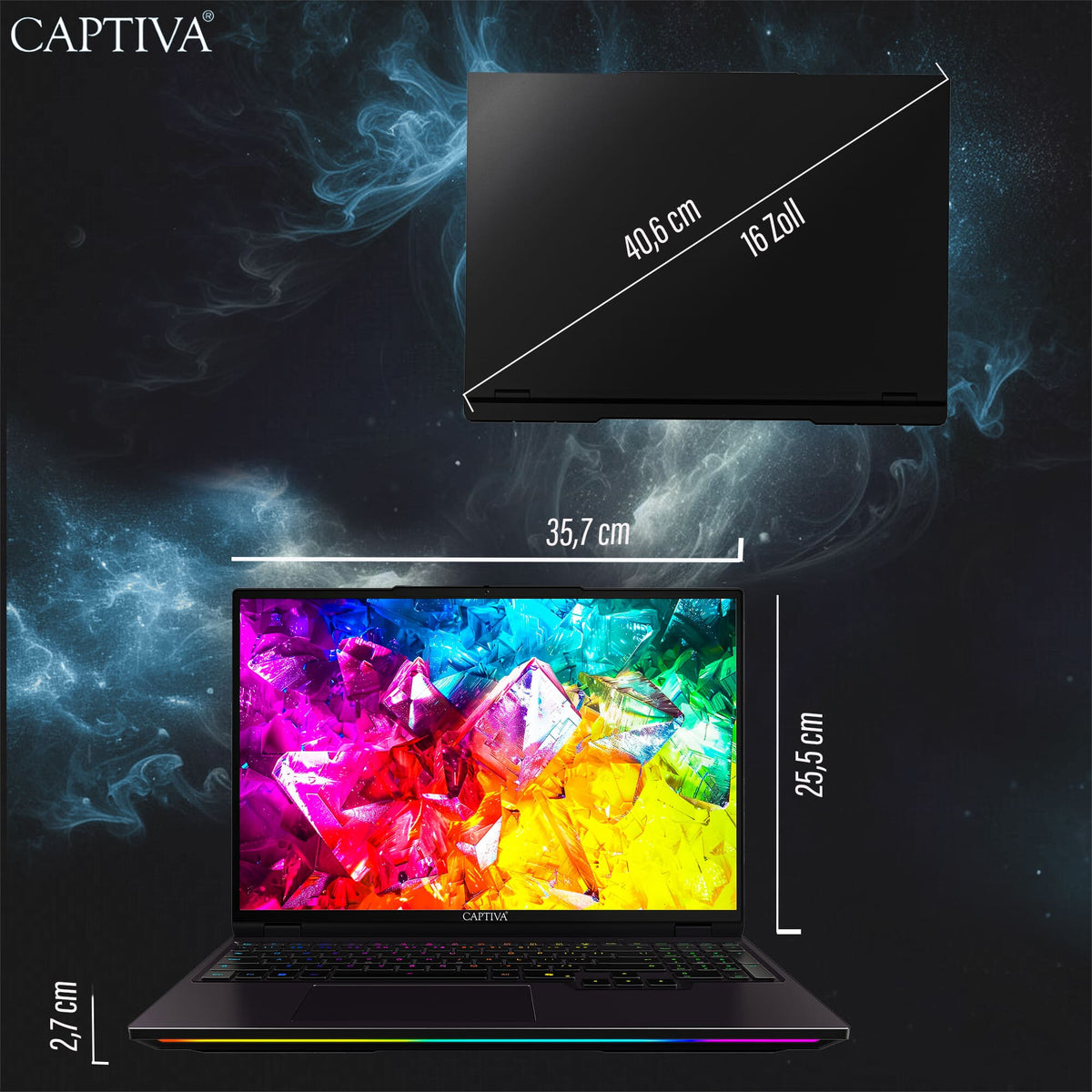 CAPTIVA 95062 bärbara datorer AMD Ryzen™ 9 9955HX Bärbar dator 40,6 cm (16") WQXGA 64 GB DDR5-SDRAM SSD NVIDIA GeForce RTX 5090 Wi-Fi 6 (802.11ax) Windows 11 Home tyska Svart