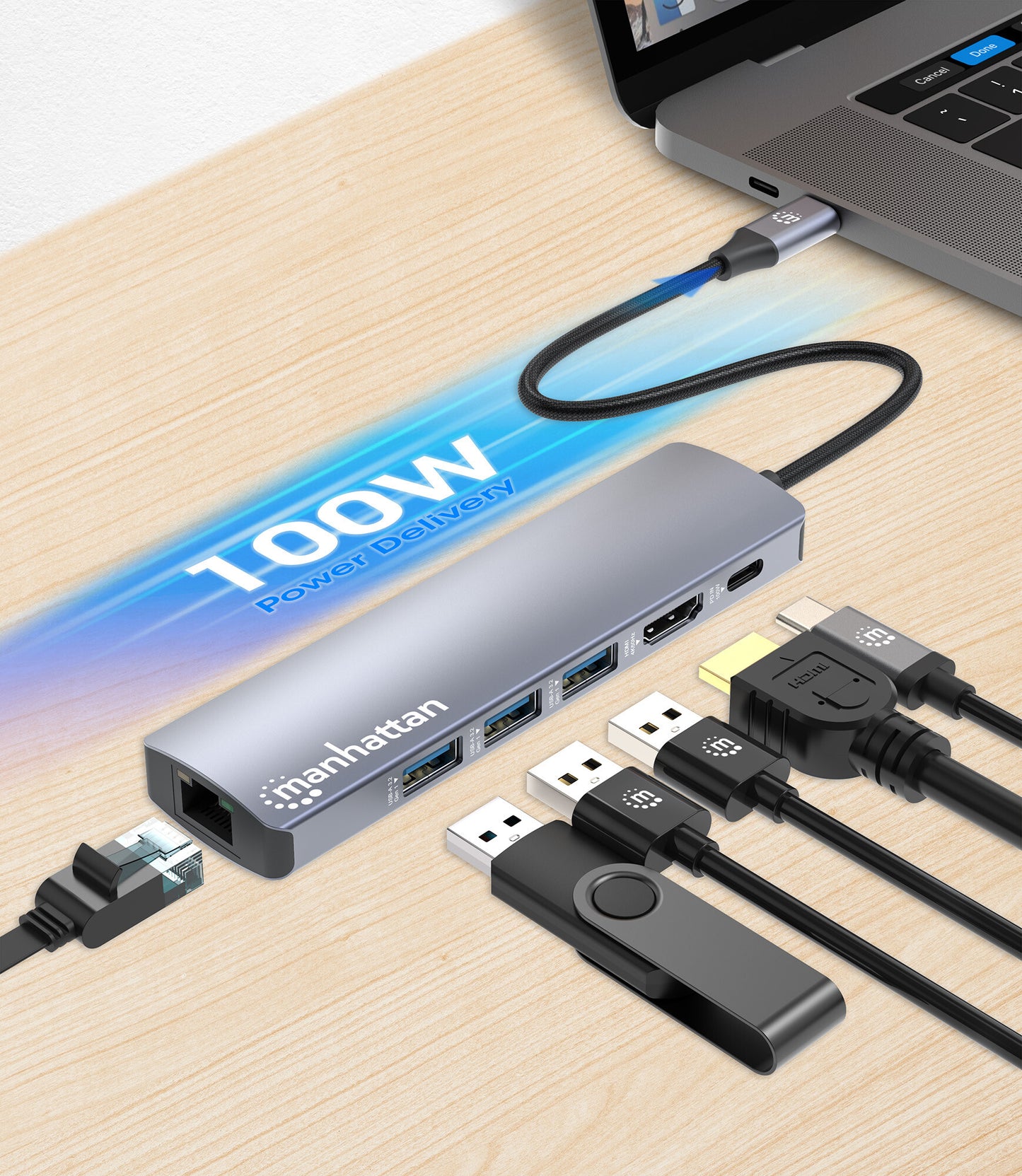 Manhattan 153959 dockningsstationer för bärbara datorer Kabel USB 3.2 Gen 1 (3.1 Gen 1) Type-C Silver