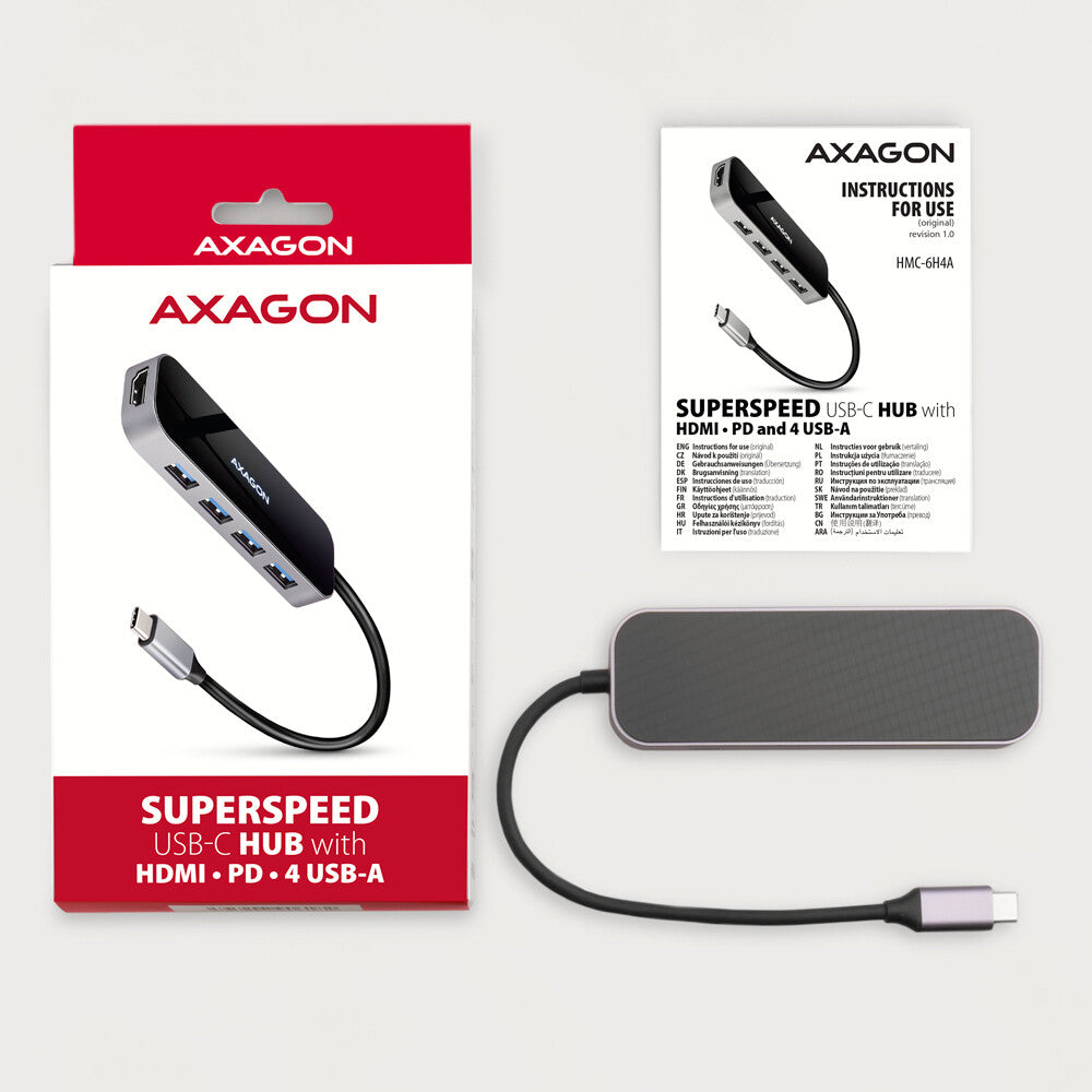Axagon HMC-6H4A dockningsstationer för bärbara datorer Kabel USB 3.2 Gen 1 (3.1 Gen 1) Type-C Svart, Grå