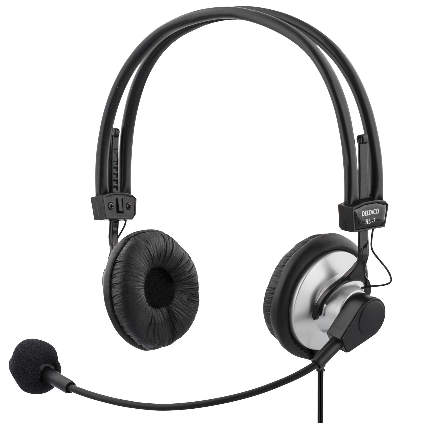 Deltaco Headset med mikrofon och volymkontroll, 2 x 3,5 mm, svart/silv