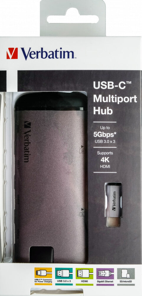 Verbatim 49142 dockningsstationer för bärbara datorer USB 3.2 Gen 1 (3.1 Gen 1) Type-C Svart, Silver