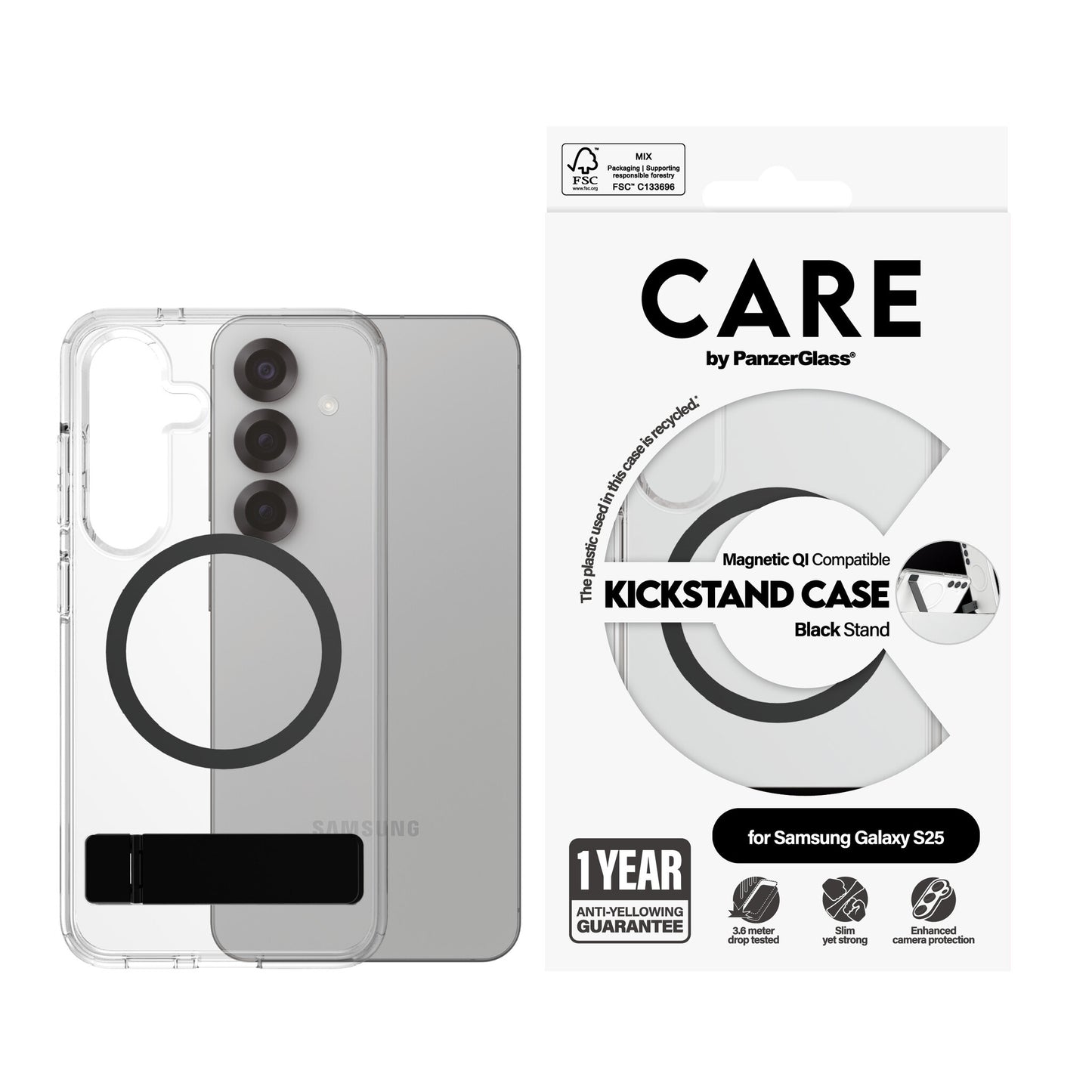 PanzerGlass CARE™ by ® Kickstand Case Transparent w. Qi Samsung Galaxy S25 mobiltelefonfodral Mobilskal