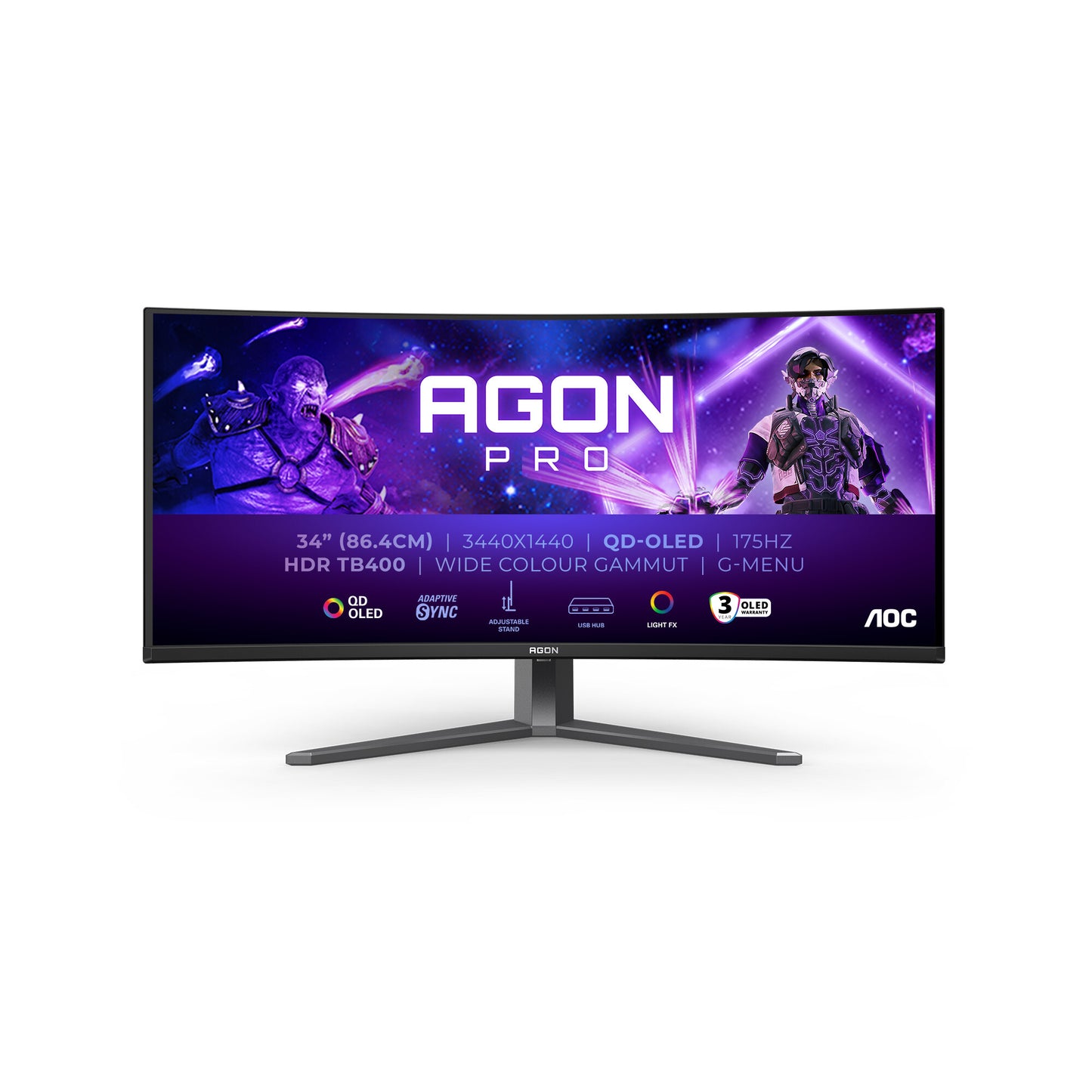 AOC AGON PRO AG346UCD platta pc-skärmar 86,4 cm (34") 3440 x 1440 pixlar Wide Quad HD QD-OLED Svart, Grå