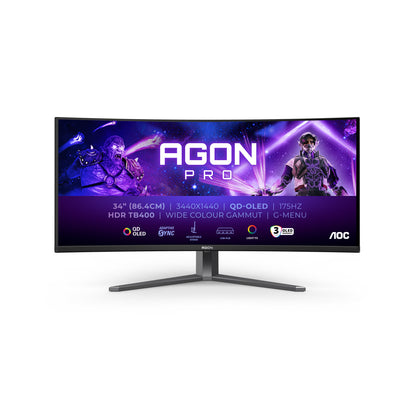 AOC AGON PRO AG346UCD platta pc-skärmar 86,4 cm (34") 3440 x 1440 pixlar Wide Quad HD QD-OLED Svart, Grå