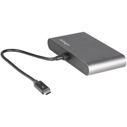StarTech.com Thunderbolt Mini-dockningsstation för dubbla bildskärmar, 4K 60 Hz DisplayPort, drivrutinsfri hubb för Windows och Mac, Gigabit Ethernet, 1x USB-A (USB 5 Gbps), 28 cm kabel