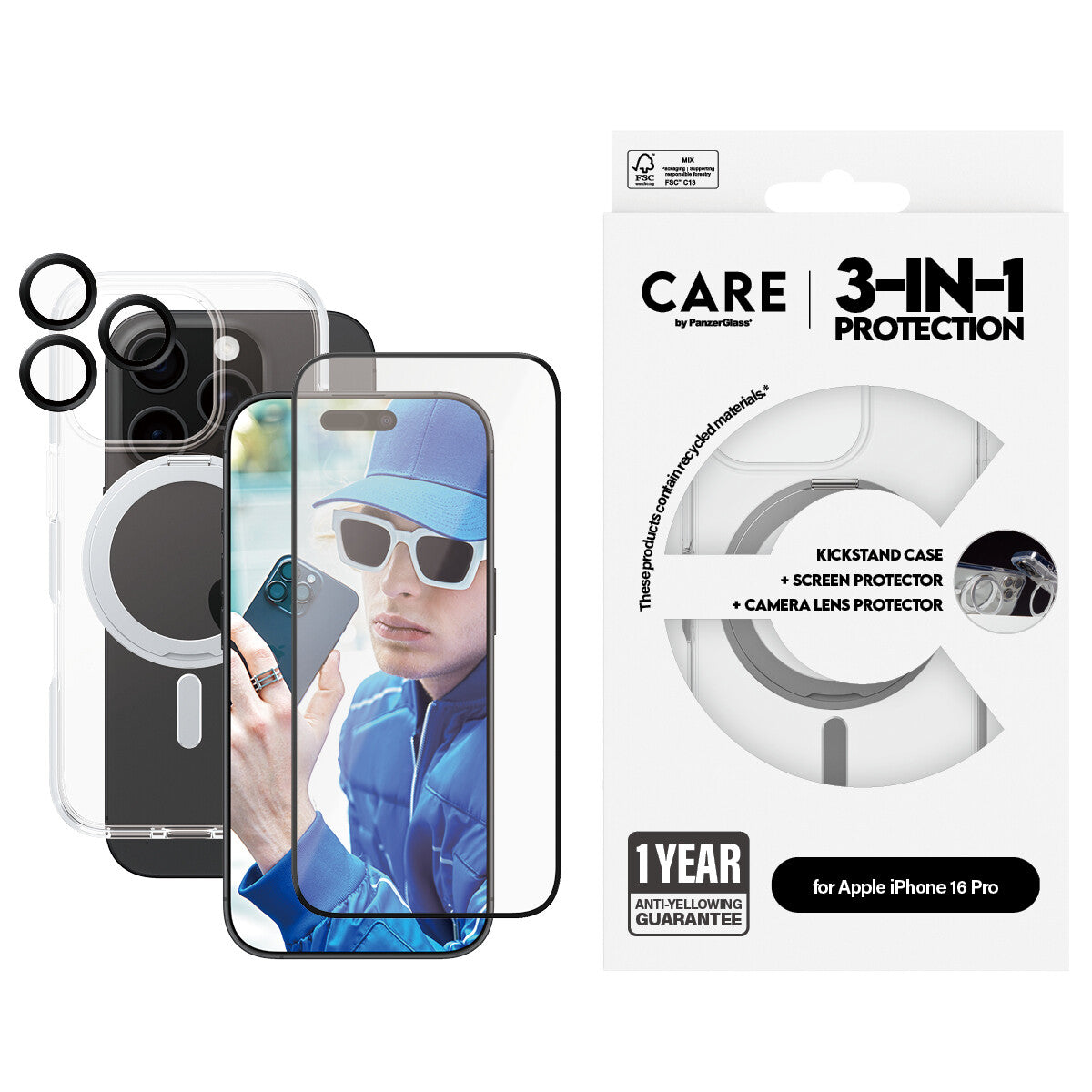 PanzerGlass CARE™ by ® 3-in-1 Ceramic Bundle iPhone 16 Pro Genomskinligt skärmskydd Apple 1 styck