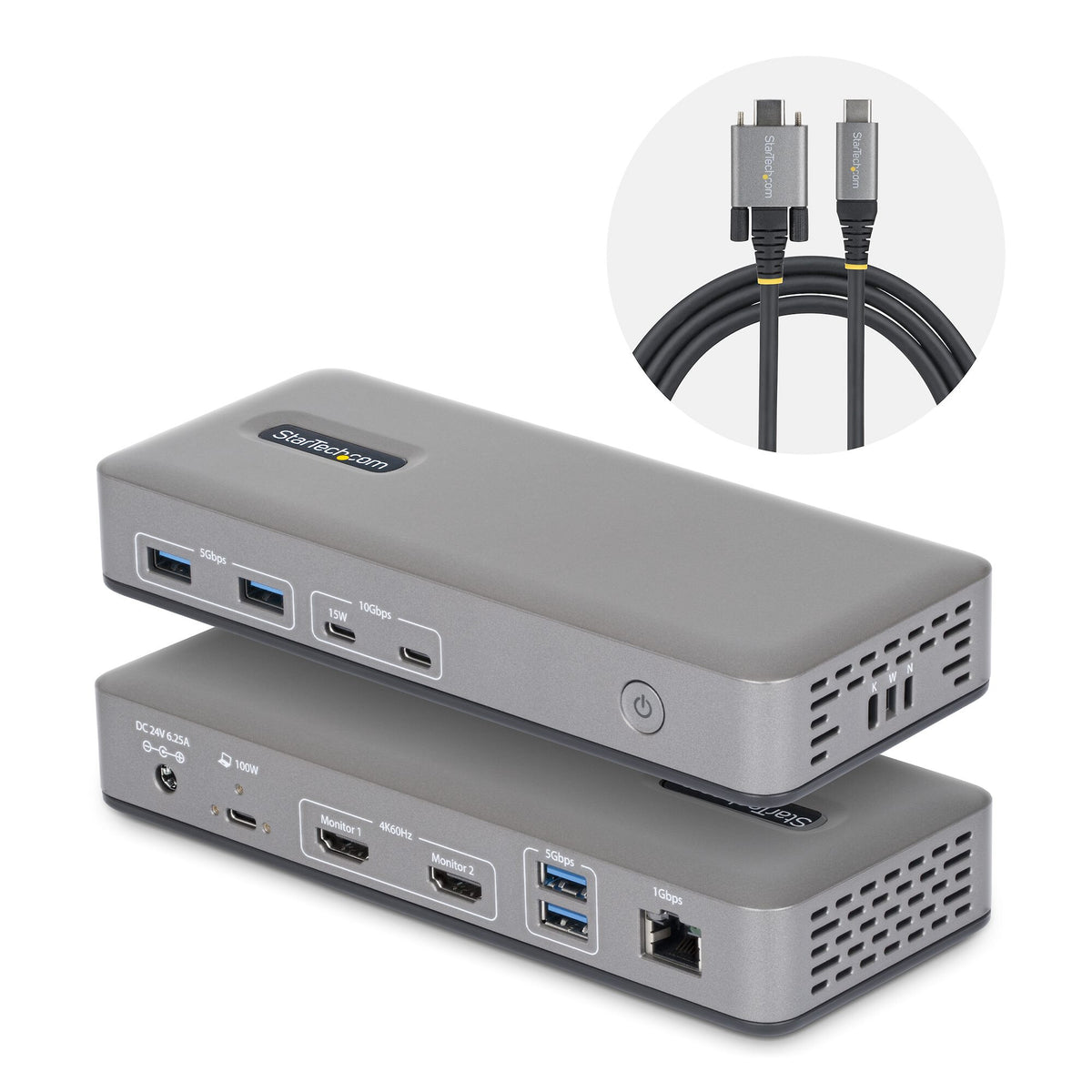 StarTech.com USB-C-dockningsstation för två skärmar, HDMI, 4K 60 Hz, 100 W laddning av bärbar dator, 1 GbE, drivrutinlös, dockningsstation för flera skärmar för Windows