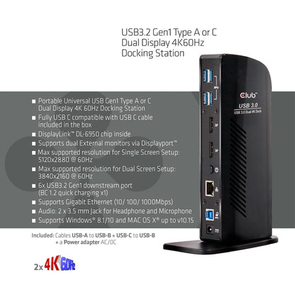 CLUB3D USB3.2 Gen1 Type A or C Dual Display 4K60Hz Docking Station