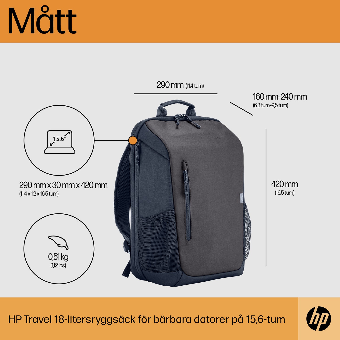 HP Travel 18 liter ryggsäck för 15,6 tum bärbar dator i Iron Grey