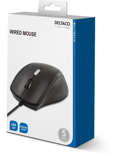 Deltaco Optisk mus, 4 knappar med scroll, USB, svart