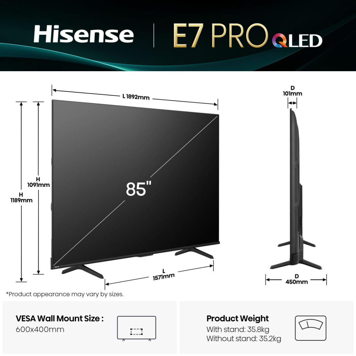 Hisense 85E77Q PRO 2,16 m (85") 4K Ultra HD Smart-TV Wi-Fi Svart