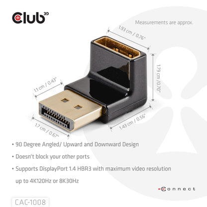 CLUB3D DISPLAYPORT MALE TO DISPLAYPORT 1.4 FEMALE 90 DEGREE ANGLED ADAPTER 4K120HZ M/F - Adapter