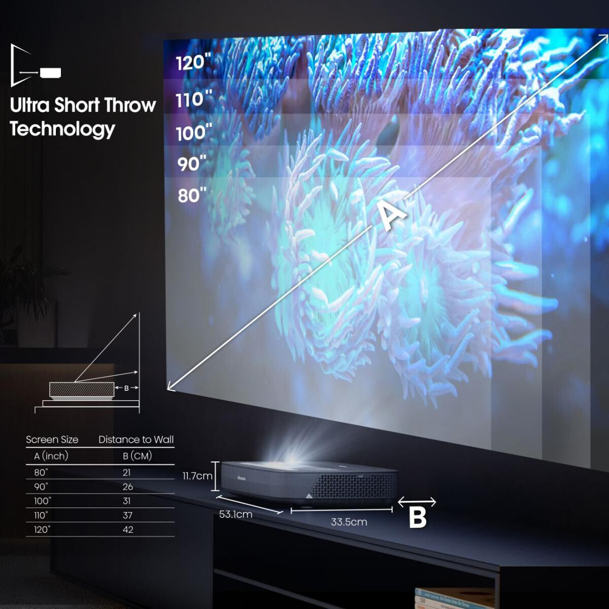Hisense PL1SE storbilds-tv Ultra short throw-projektor 2100 ANSI-lumen UHD 4K (3840x2160) Svart, Mörkgrå