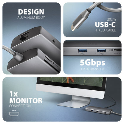 Axagon HMC-8HLSA dockningsstationer för bärbara datorer Kabel USB 3.2 Gen 1 (3.1 Gen 1) Type-C Grå