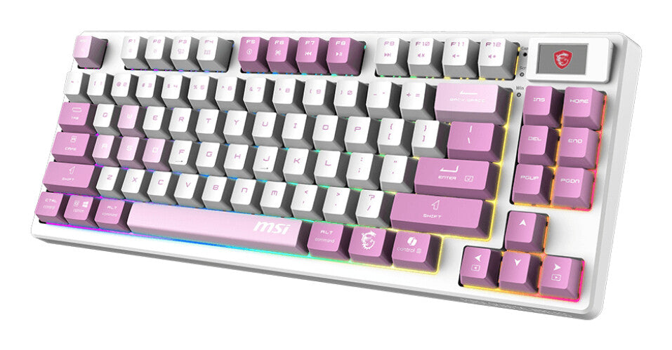MSI FORGE GK600 TKL WIRELESS VIOLET tangentbord Spela USB + Bluetooth QWERTY Spansk Rosa, Violett, Vit