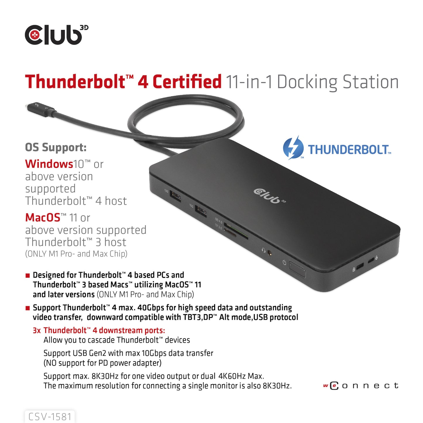 CLUB3D CSV-1581 dockningsstationer för bärbara datorer Dockning Thunderbolt 4 Svart