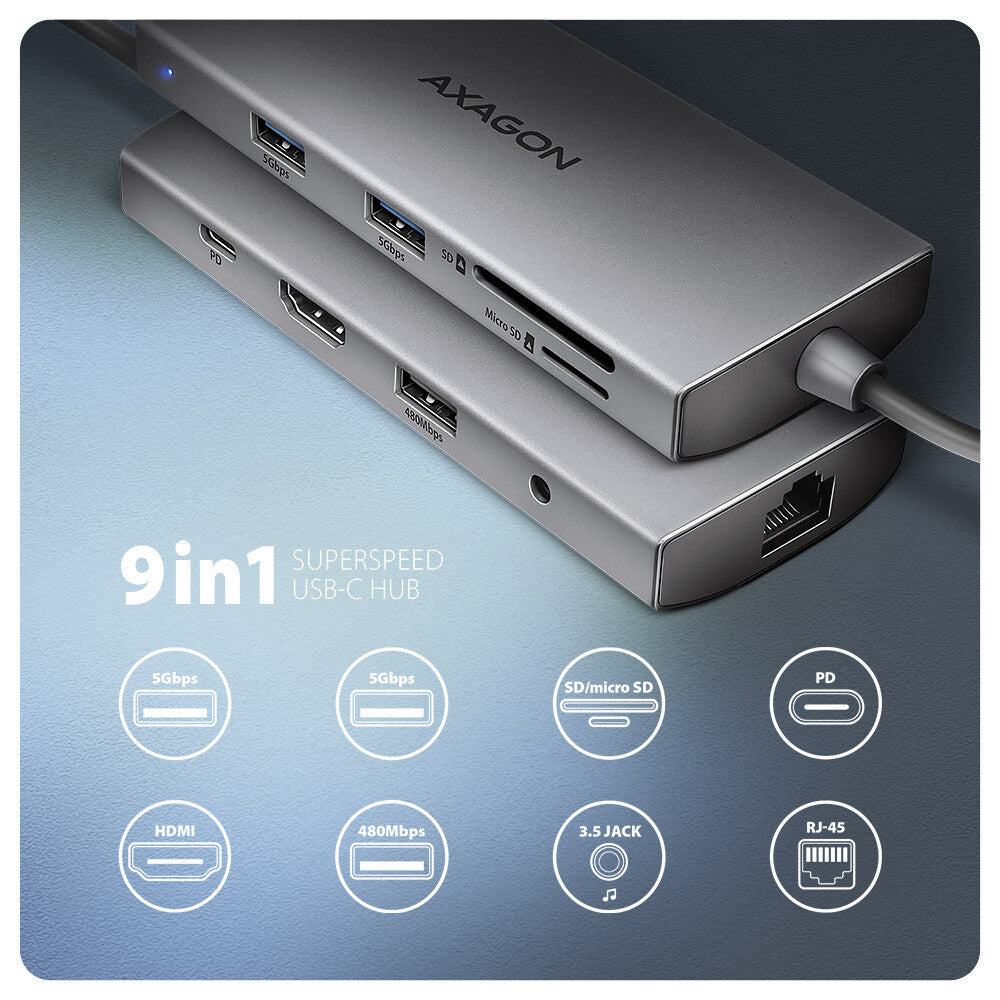 Axagon HMC-8HLSA dockningsstationer för bärbara datorer Kabel USB 3.2 Gen 1 (3.1 Gen 1) Type-C Grå