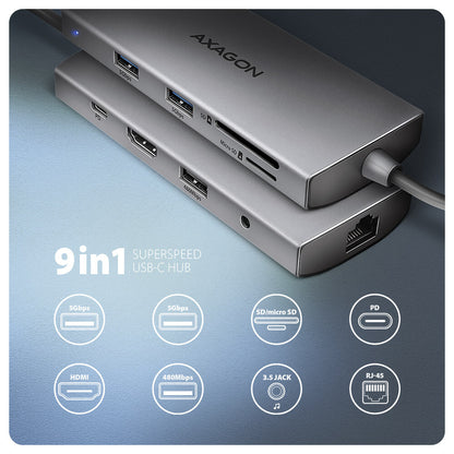 Axagon HMC-8HLSA dockningsstationer för bärbara datorer Kabel USB 3.2 Gen 1 (3.1 Gen 1) Type-C Grå