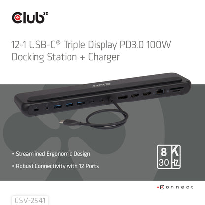 CLUB3D CSV-2541 dockningsstationer för bärbara datorer Dockning USB 3.2 Gen 1 (3.1 Gen 1) Type-C Svart