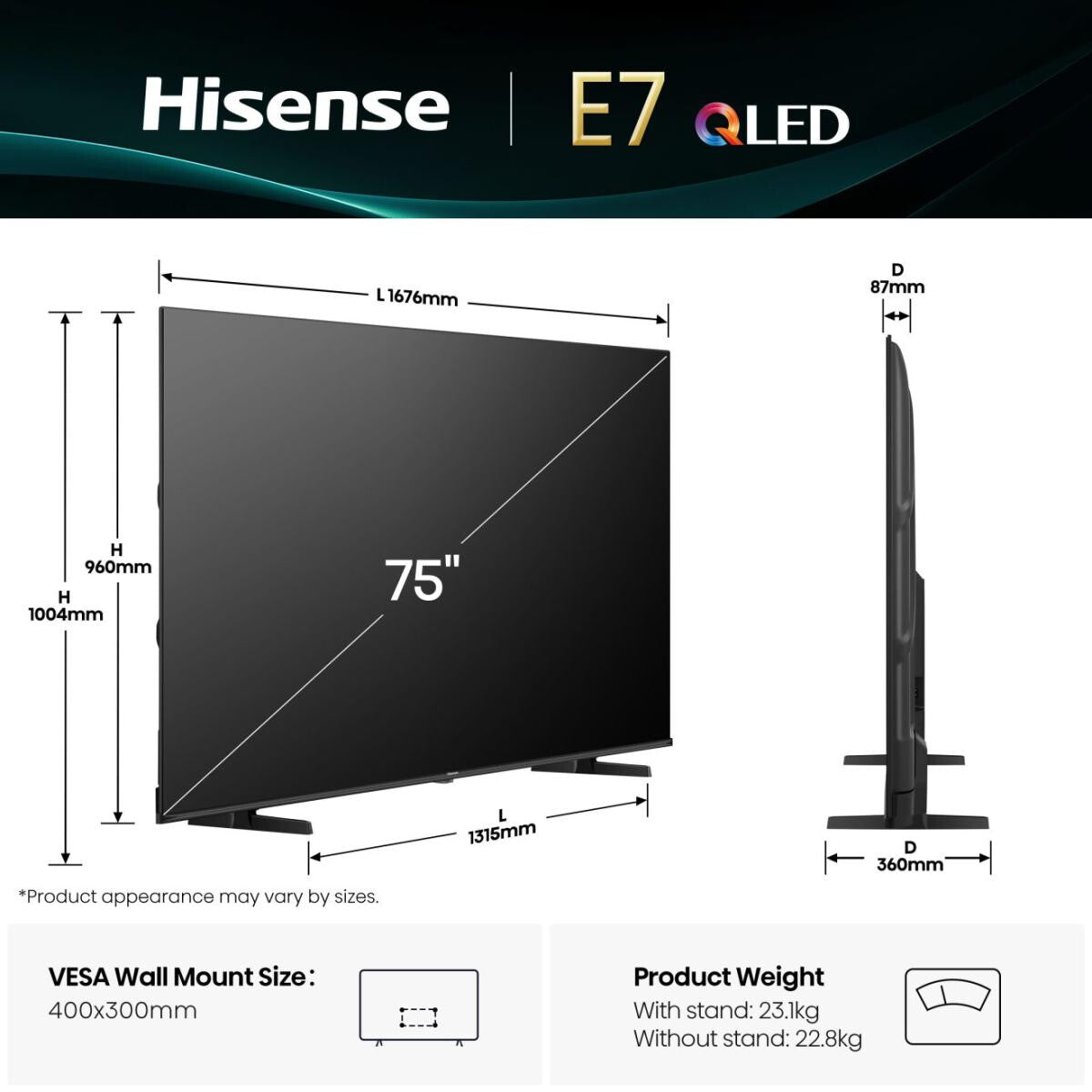 Hisense 75E7Q 190,5 cm (75") 4K Ultra HD Smart-TV Wi-Fi Svart 385 cd/m²