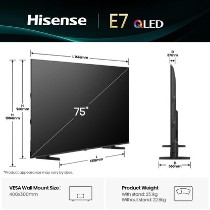 Hisense 75E7Q 190,5 cm (75") 4K Ultra HD Smart-TV Wi-Fi Svart 385 cd/m²