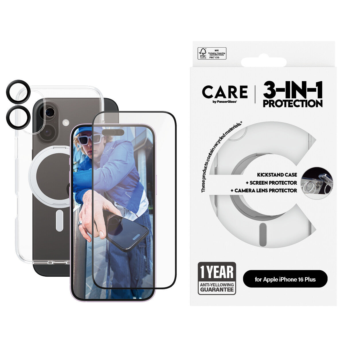 PanzerGlass CARE™ by ® 3-in-1 Ceramic Bundle iPhone 16 Plus mobiltelefonfodral Mobilskal Transparent