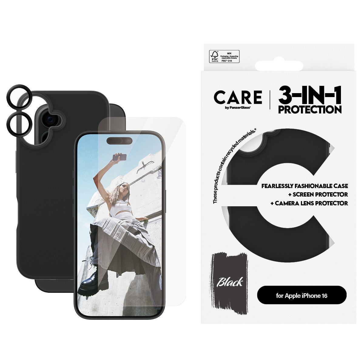 PanzerGlass CARE by ® Fashion 3-in-1 Bundle iPhone 16 mobiltelefonfodral Omslag Transparent