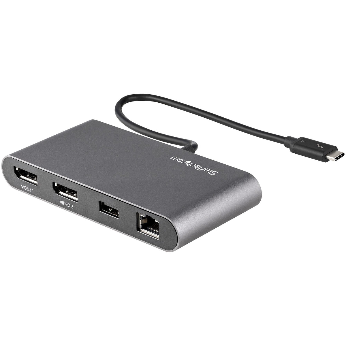 StarTech.com Thunderbolt Mini-dockningsstation för dubbla bildskärmar, 4K 60 Hz DisplayPort, drivrutinsfri hubb för Windows och Mac, Gigabit Ethernet, 1x USB-A (USB 5 Gbps), 28 cm kabel