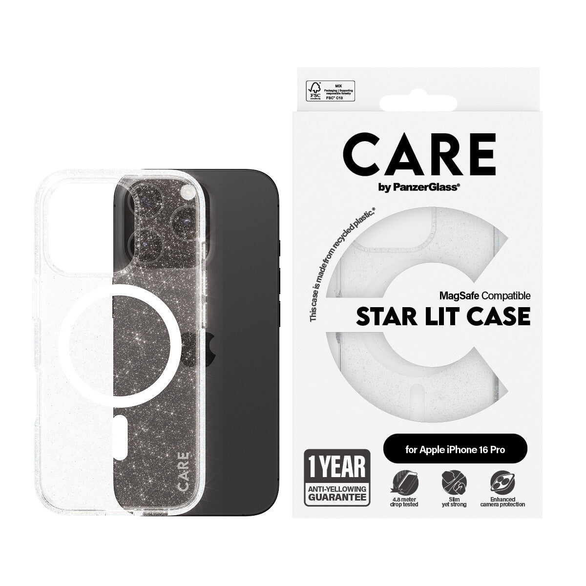 PanzerGlass CARE™ by ® Star Lit Case w. White MagSafe iPhone 16 Pro mobiltelefonfodral Mobilskal Transparent