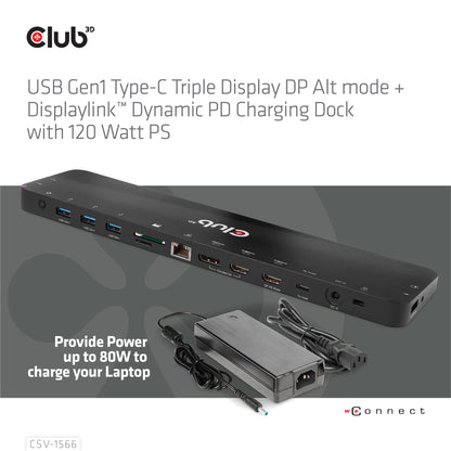 CLUB3D CSV-1566 dockningsstationer för bärbara datorer Dockning USB 3.2 Gen 1 (3.1 Gen 1) Type-C Svart