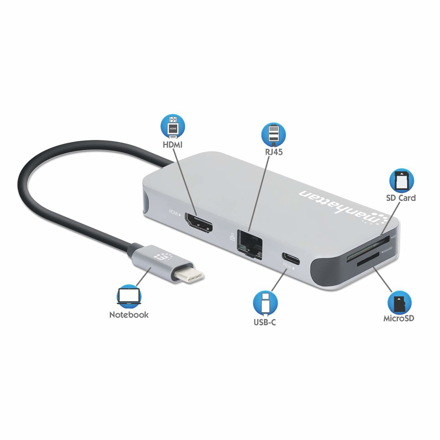 Manhattan 130615 dockningsstationer för bärbara datorer Kabel USB 3.2 Gen 1 (3.1 Gen 1) Type-C Gjuten aluminium