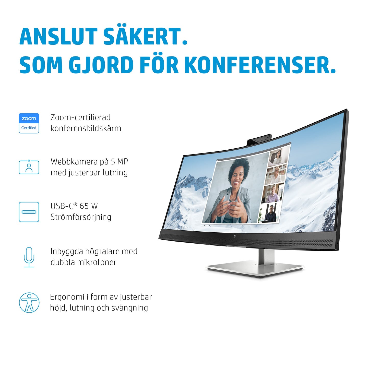 HP E34m G4 välvd WQHD-USB-C-bildskärm för konferenssamtal