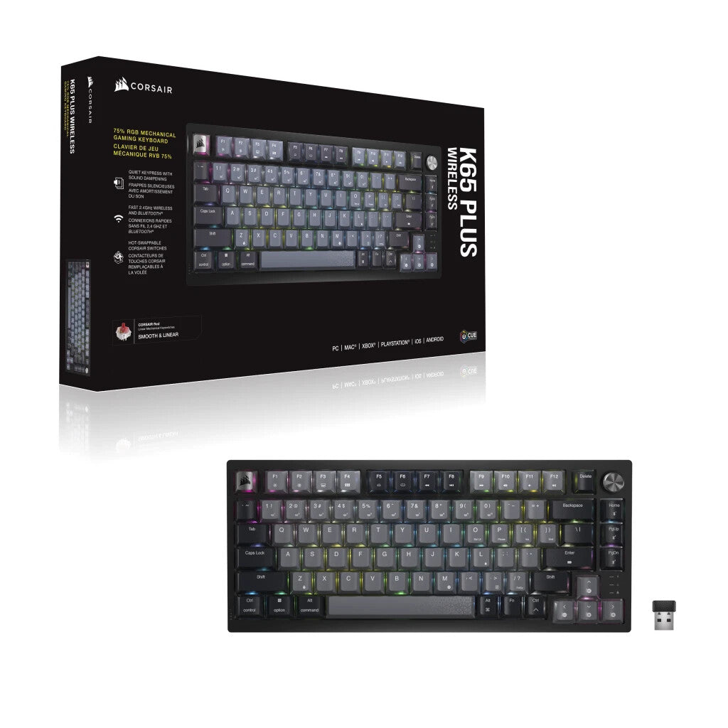 Corsair K65 PLUS WIRELESS 75 % RGB tangentbord Spela Trådlös RF + USB QWERTY Nordic Svart