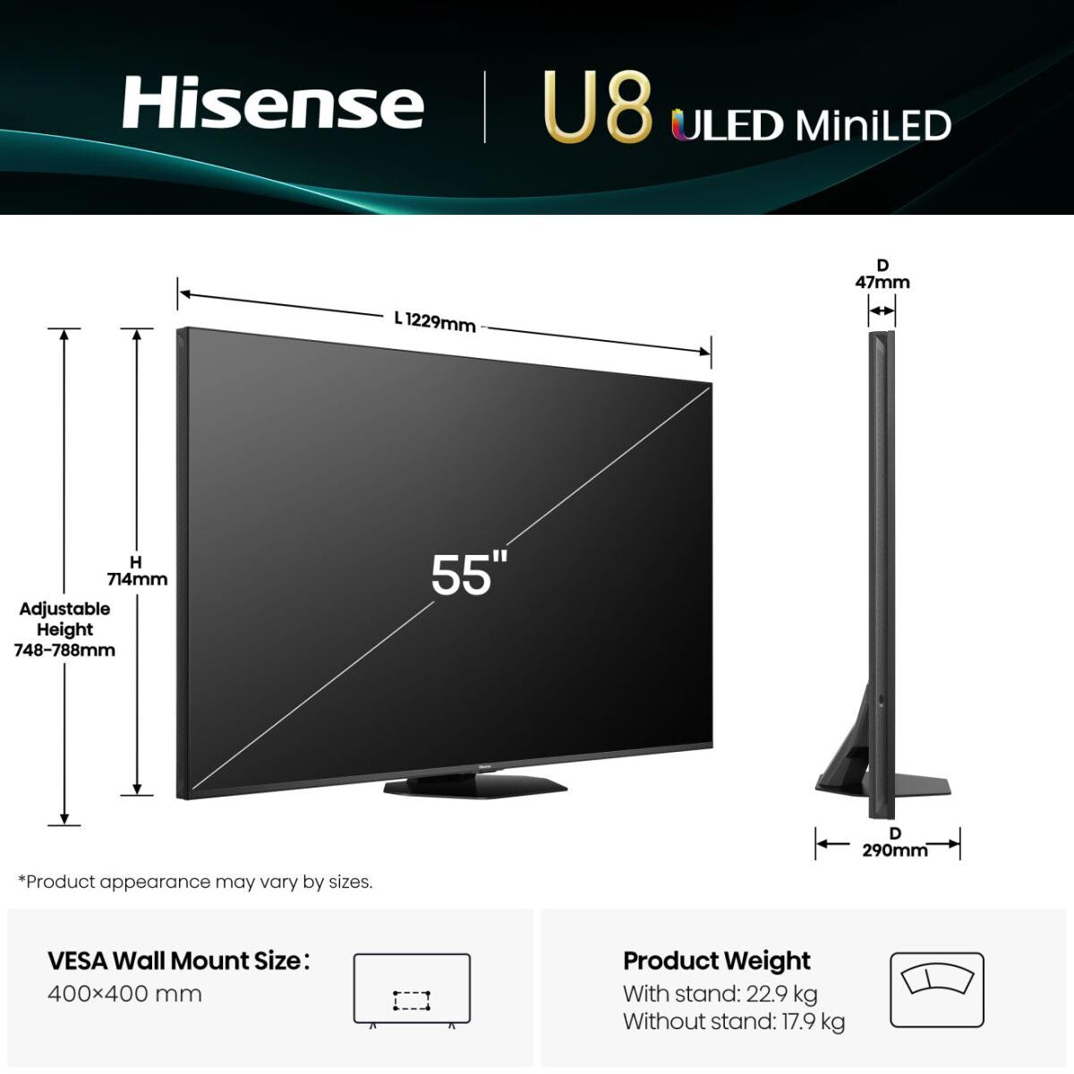 Hisense 55U8Q 139,7 cm (55") 4K Ultra HD Smart-TV Wi-Fi Svart 700 cd/m²