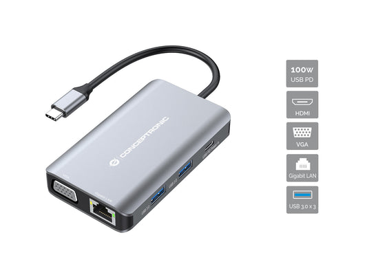 Conceptronic DONN21G dockningsstationer för bärbara datorer Kabel USB 3.2 Gen 1 (3.1 Gen 1) Type-C Grå