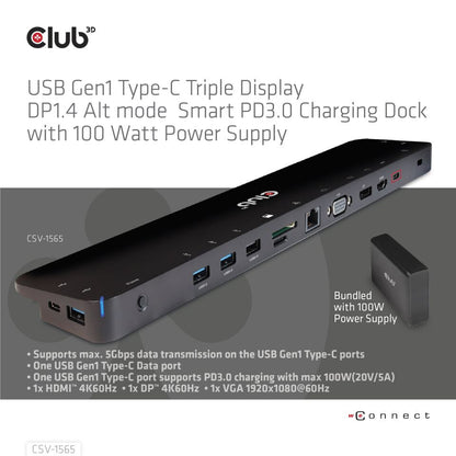 CLUB3D USB Gen1 Type-C Triple Display DP1.4 Alt mode Smart PD3.0 Charging Dock with 100 Watt Power Supply