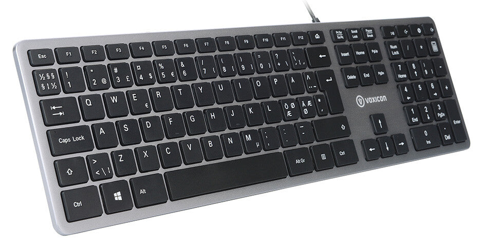 Voxicon Slim 280 Metal tangentbord Kontor USB QWERTY Nordic Svart, Silver