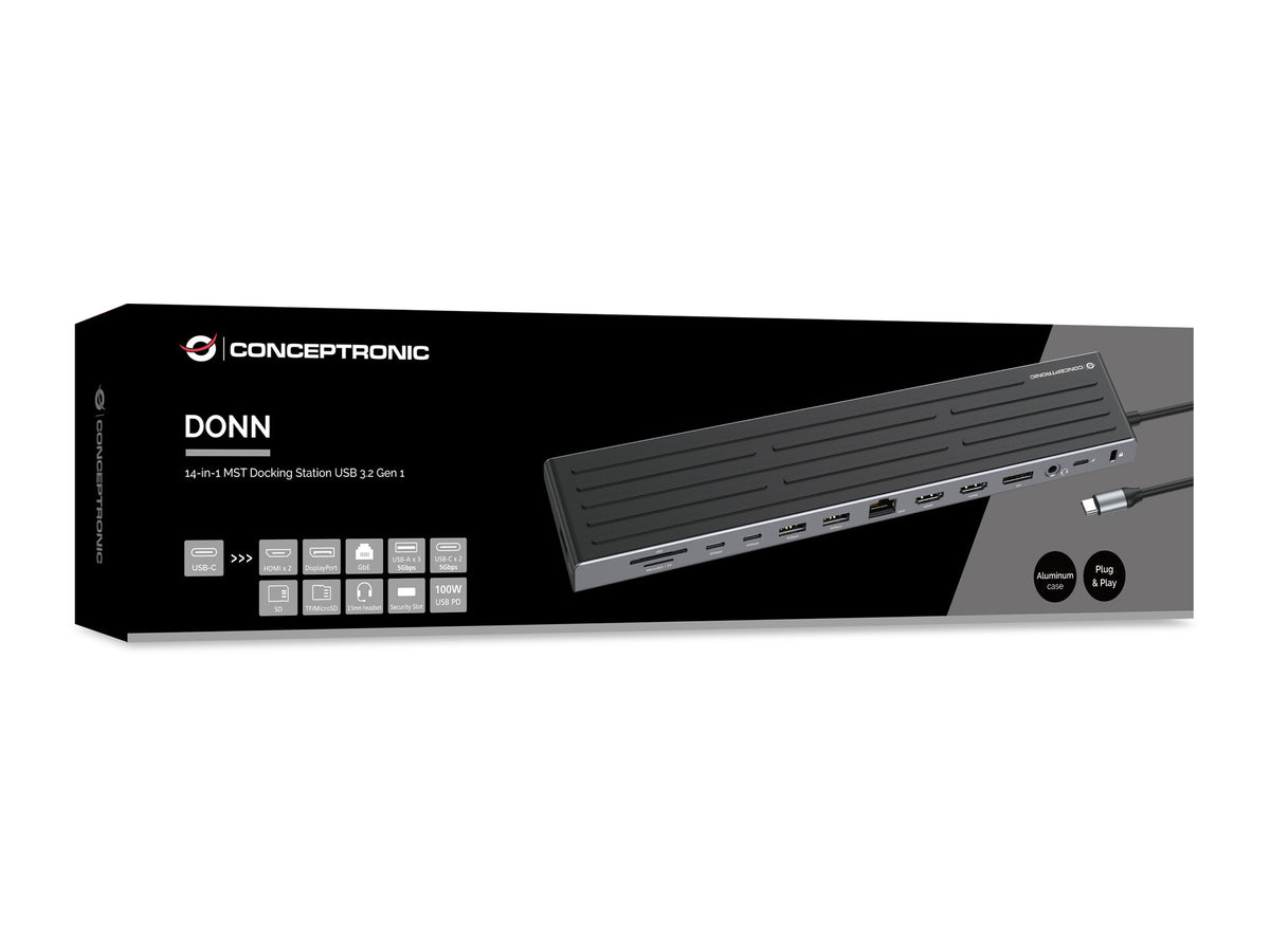 Conceptronic DONN32B dockningsstationer för bärbara datorer Kabel USB 3.2 Gen 1 (3.1 Gen 1) Type-C Grå, Silver