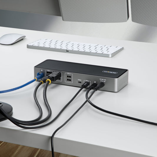 StarTech.com USB-C-dockningsstation för tre bildskärmar, 140 W laddningsdocka för MacBook Pro och Windows, 4K 60 Hz HDMI eller DisplayPort, TAA