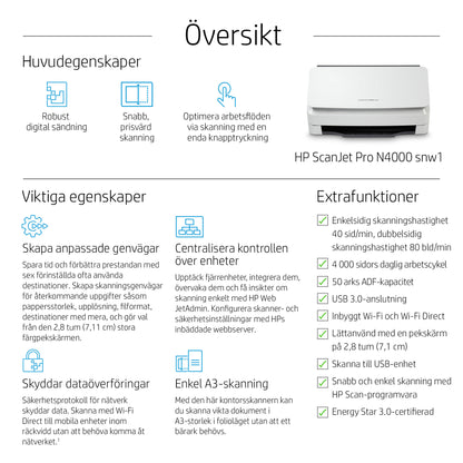 HP ScanJet Pro N4000 snw1 Arkmatad skanner 600 x 600 DPI A4 Svart, Vit