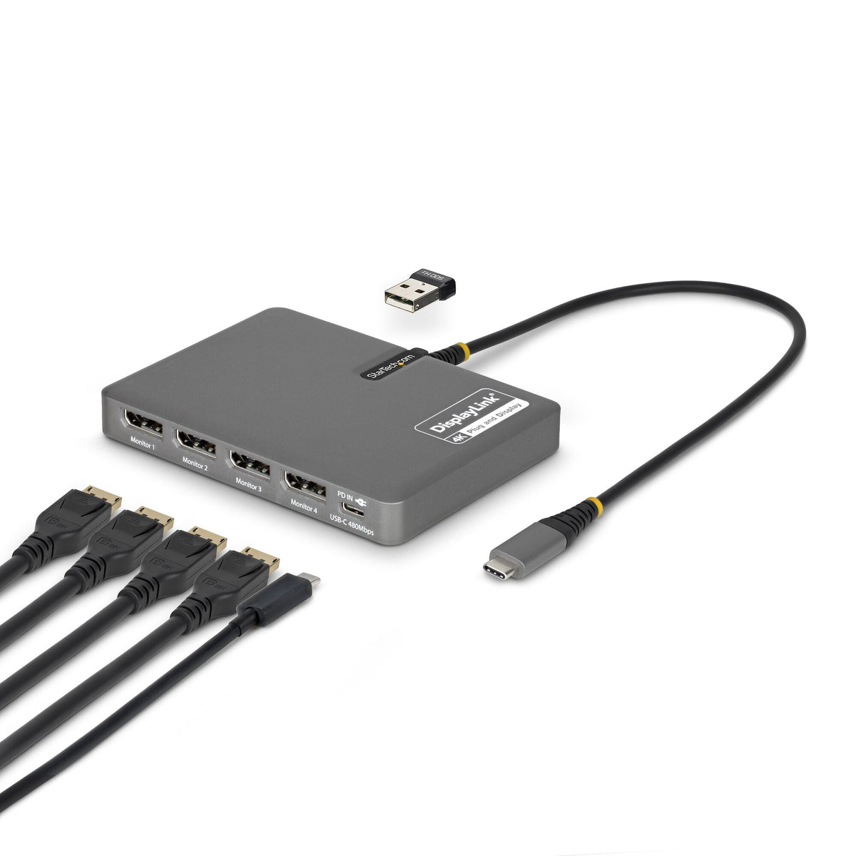 StarTech.com QUAD-USB-DP-ADAPT dockningsstationer för bärbara datorer Kabel USB 3.2 Gen 1 (3.1 Gen 1) Type-C Grå