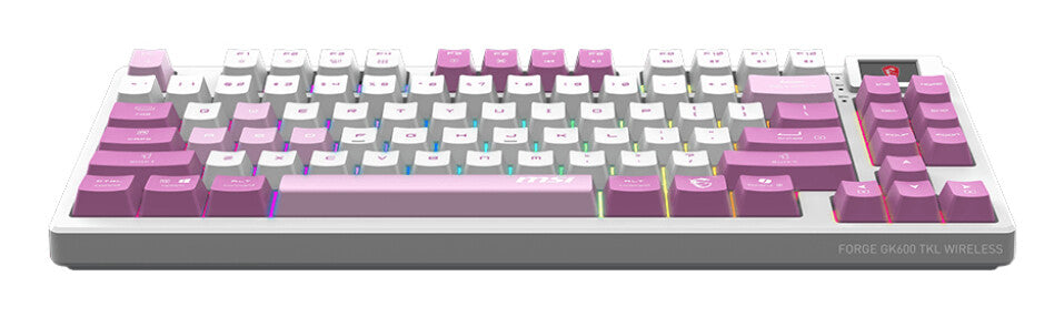 MSI FORGE GK600 TKL WIRELESS VIOLET tangentbord Spela USB + Bluetooth QWERTY Spansk Rosa, Violett, Vit