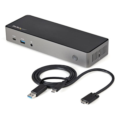 StarTech.com USB-C- och USB-A-dockningsstation - Universal hybriddockningsstation för trippla bildskärmar, DisplayPort och HDMI 4K 60 Hz - 85 W strömförsörjning, 6x USB-hubb, GbE, Ljud - USB 3.1 Gen. 2, 10 Gbit/sek