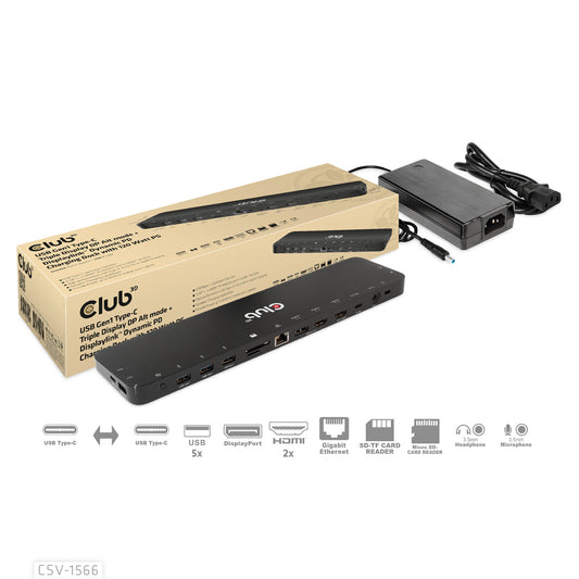 CLUB3D CSV-1566 dockningsstationer för bärbara datorer Dockning USB 3.2 Gen 1 (3.1 Gen 1) Type-C Svart