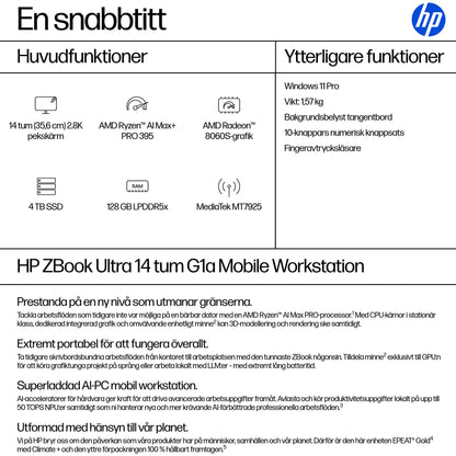 HP ZBook Ultra G1a Copilot+ PC AMD Ryzen AI Max+ PRO PRO 395 Mobil arbetsstation 35,6 cm (14") Pekskärm 2.8K 128 GB LPDDR5x-SDRAM 4 TB SSD Wi-Fi 7 (802.11be) Windows 11 Pro AI Workstation, AI PC Silver