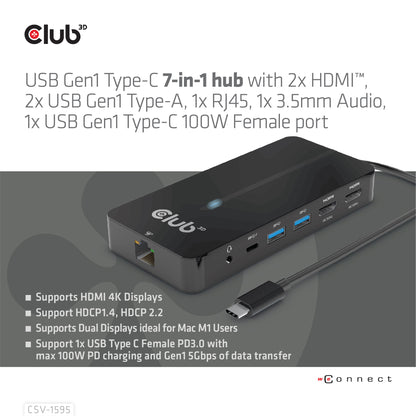 CLUB3D CSV-1595 dockningsstationer för bärbara datorer USB 3.2 Gen 1 (3.1 Gen 1) Type-C Svart