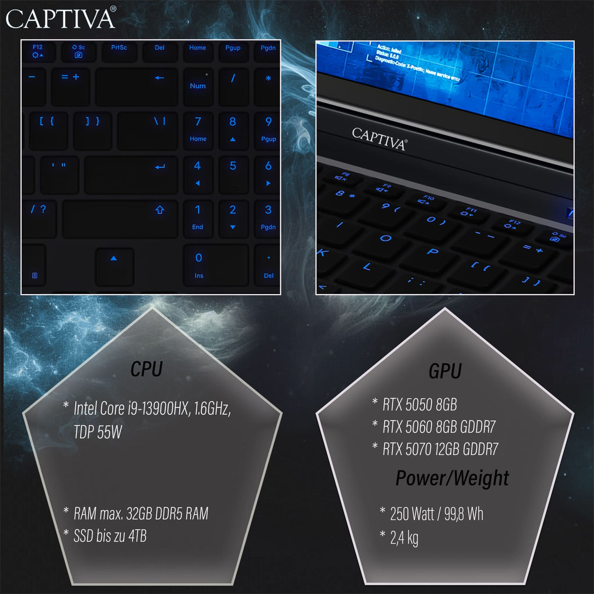 CAPTIVA 99480 bärbara datorer Intel® Core™ i9 i9-14900HX Bärbar dator 40,6 cm (16") WQXGA 16 GB DDR5-SDRAM SSD NVIDIA GeForce RTX 5070 Ti Wi-Fi 6 (802.11ax) Windows 11 Home tyska Svart